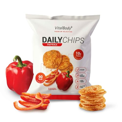 VitalBodyPLUS DailyChips, Protein Chips mit Paprika Geschmack, 6 x 25 g, Eiweiß Snack mit 40% Protein, Fitness Snack zum Abnehmen oder Muskelaufbau, zuckerarm, glutenfrei und vegan VitalBodyPLUS DailyChips, Protein Chips mit Paprika Geschmack, 6 x 25 g, Eiweiß Snack mit 40% Protein, Fitness Snack zum Abnehmen oder Muskelaufbau, zuckerarm, glutenfrei und vegan von VitalBody+ SUPPLEMENTS