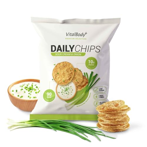 VitalBodyPLUS DailyChips, Protein Chips mit Sour Cream & Onion Geschmack, 6 x 25 g, Eiweiß Snack mit 40% Protein, Fitness Snack zum Abnehmen oder Muskelaufbau, zuckerarm, glutenfrei und proteinreich von VitalBody+ SUPPLEMENTS