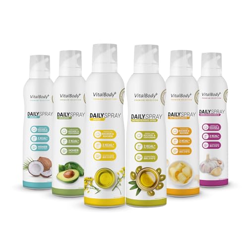VitalBody+ DailySpray Probierpaket, 6er Pack, 2 kcal Spray zum Braten, Grillen & Verfeinern, 4800 Portionen, für gesundes Kochen, ideal zum Abnehmen, Non-Stick cooking spray von VitalBody+ SUPPLEMENTS