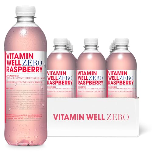 Geschmackvolles Vitamin Wasser mit Magnesium, Folsäure, Niacin – Zuckerfreies Getränk, angereichert mit essenziellen Nährstoffen, 12 x 500ml inkl. Pfand (Zero Raspberry) von Vitamin Well