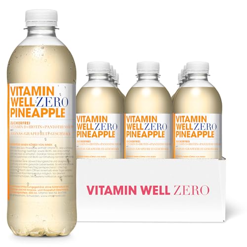 Geschmackvolles Vitamin Wasser mit Vitamin D, Selen, Biotin – Zuckerfreies Getränk, angereichert mit essenziellen Nährstoffen, 12 x 500ml inkl. Pfand (Zero Pineapple) von Vitamin Well