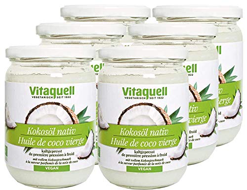 6 x Vitaquell natives Bio Kokosöl, 430 ml nativ kaltgepresst zum Kochen, Backen, Braten oder für die Hautpflege von Vitaquell