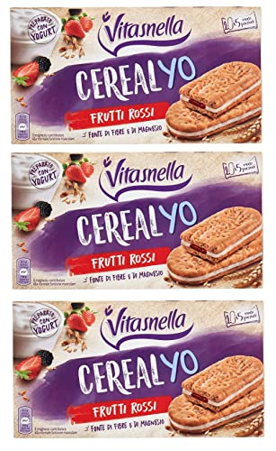 3x Vitasnella Cereal Yo Frutti Rossi Kekse Vollkornkekse mit Cerealien gefüllt mit leckerem Joghurt und leckeren roten Früchten 253g von Vitasnella