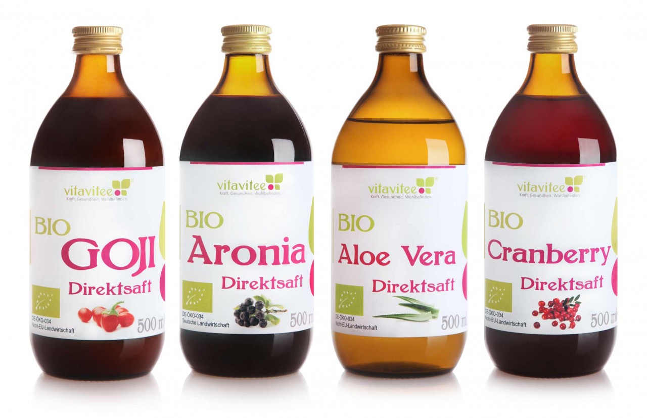 4er Bio Saftpaket: Goji - Aronia - Aloe Vera - Cranberry Direktsaft - je 1x 0,5 Liter von Vitavitee
