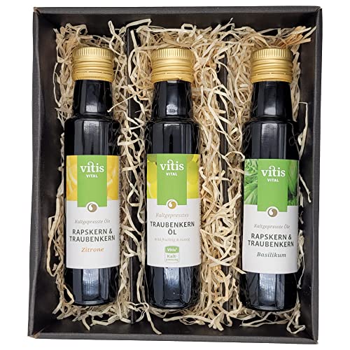 Vitis Vital Raps- und Traubenkernöl | Geschenkset | schonend kaltgepresst | 3 hochwertige Öle zum Probieren | Geschenkidee für Männer und Frauen | zum Kochen, Backen, Braten | Flasche 3x100ml von Vitis