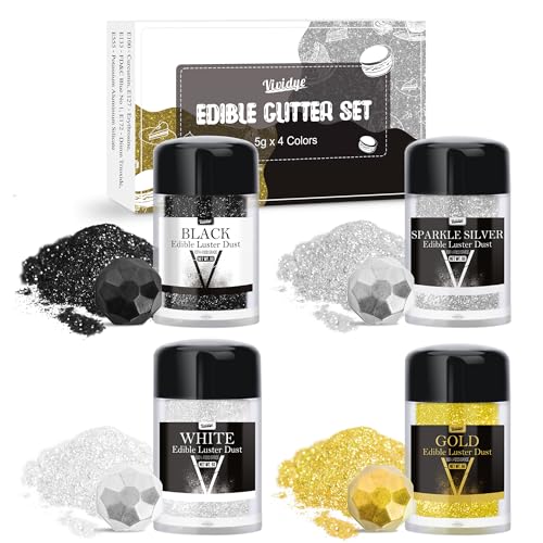 Edible Glitter Essbarer Glitzer - 4 Farben Essbarer Glitzerpulver Glitzerstaub für Getränke, Lebensmittel, Kuchen - Essbarer Metallisch Lebensmittelfarbe Pulver zum Cocktails, Torten - 5g / Flaschen von Vividye