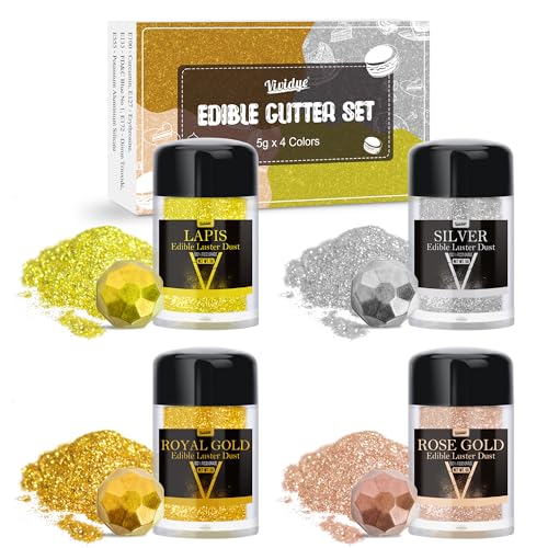 Edible Glitter Essbarer Glitzer - 4 Farben Essbarer Glitzerpulver Glitzerstaub für Getränke, Lebensmittel, Kuchen - Essbarer Metallisch Lebensmittelfarbe Pulver zum Cocktails, Wein - 5g / Flaschen von Vividye