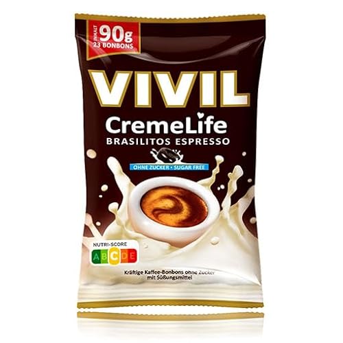 VIVIL Creme Life Brasilitos Espresso, 1 Beutel, kräftige Sahnebonbons mit Kaffeegeschmack, zuckerfrei, 1 x 90g von Vivil