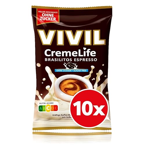 VIVIL Creme Life Brasilitos Espresso, 10 Beutel, kräftige Sahnebonbons mit Kaffeegeschmack, zuckerfrei, 10 x 90g VIVIL Creme Life Brasilitos Espresso, 10 Beutel, kräftige Sahnebonbons mit Kaffeegeschmack, zuckerfrei, 10 x 90g von Vivil