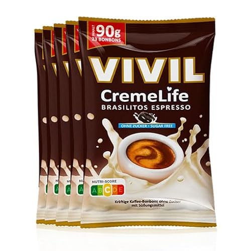 VIVIL Creme Life Brasilitos Espresso, 5 Beutel, kräftige Sahnebonbons mit Kaffeegeschmack, zuckerfrei, 5 x 90g von Vivil