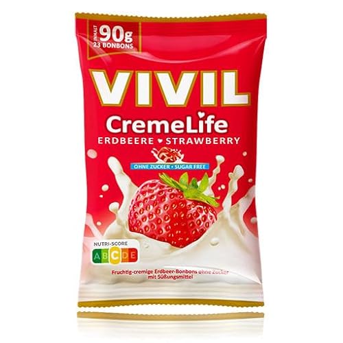 VIVIL Creme Life Erdbeere, 1 Beutel, fruchtige Sahnebonbons mit Erdbeergeschmack, zuckerfrei & glutenfrei, 1 x 90g von Vivil