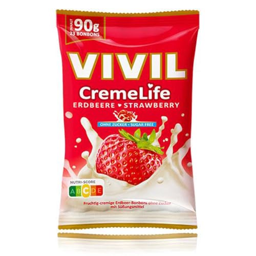VIVIL Creme Life Erdbeere, 1 Beutel, fruchtige Sahnebonbons mit Erdbeergeschmack, zuckerfrei & glutenfrei, 1 x 90g von Vivil