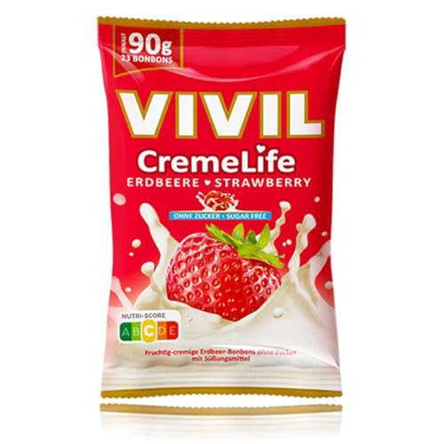 VIVIL Creme Life Erdbeere, 1 Beutel, fruchtige Sahnebonbons mit Erdbeergeschmack, zuckerfrei & glutenfrei, 1 x 90g VIVIL Creme Life Erdbeere, 1 Beutel, fruchtige Sahnebonbons mit Erdbeergeschmack, zuckerfrei & glutenfrei, 1 x 90g von Vivil