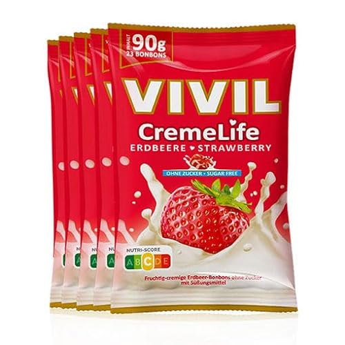 VIVIL Creme Life Erdbeere, 5 Beutel, fruchtige Sahnebonbons mit Erdbeergeschmack, zuckerfrei & glutenfrei, 5 x 90g von Vivil