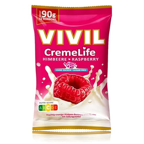 VIVIL Creme Life Himbeere, 1 Beutel, fruchtige Sahnebonbons mit Himbeergeschmack, zuckerfrei & glutenfrei, 1 x 90g von Vivil