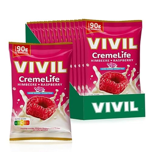 VIVIL Creme Life Himbeere, 15 Beutel, fruchtige Sahnebonbons mit Himbeergeschmack, zuckerfrei & glutenfrei, 15 x 90g von Vivil