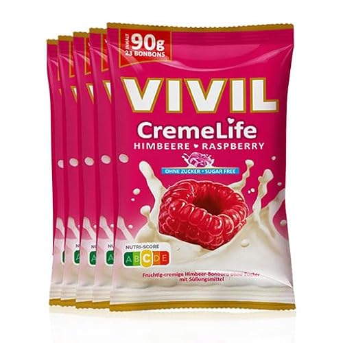 VIVIL Creme Life Himbeere, 5 Beutel, fruchtige Sahnebonbons mit Himbeergeschmack, zuckerfrei & glutenfrei, 5 x 90g von Vivil