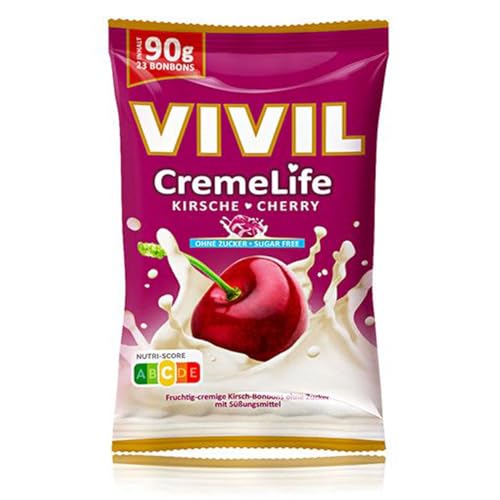 VIVIL Creme Life Kirsche, 1 Beutel, fruchtige Sahnebonbons mit Kirschgeschmack, zuckerfrei & glutenfrei, 1 x 90g von Vivil