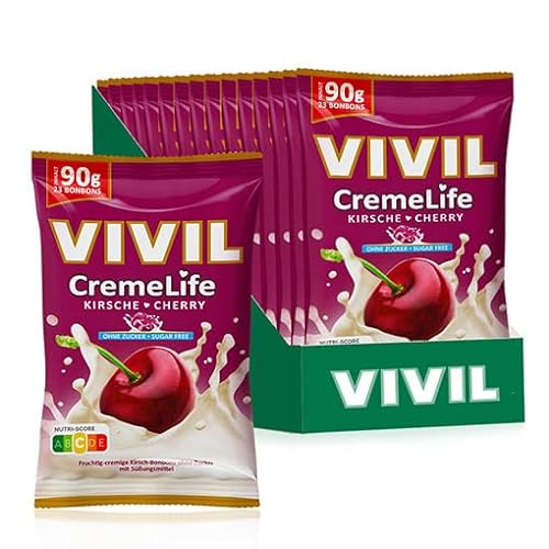 VIVIL Creme Life Kirsche, 15 Beutel, fruchtige Sahnebonbons mit Kirschgeschmack, zuckerfrei & glutenfrei, 15 x 90g von Vivil