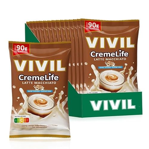 VIVIL Creme Life Latte Macchiato, 15 Beutel, kräftige Sahnebonbons mit Kaffeegeschmack, zuckerfrei & glutenfrei, 15 x 90g von Vivil