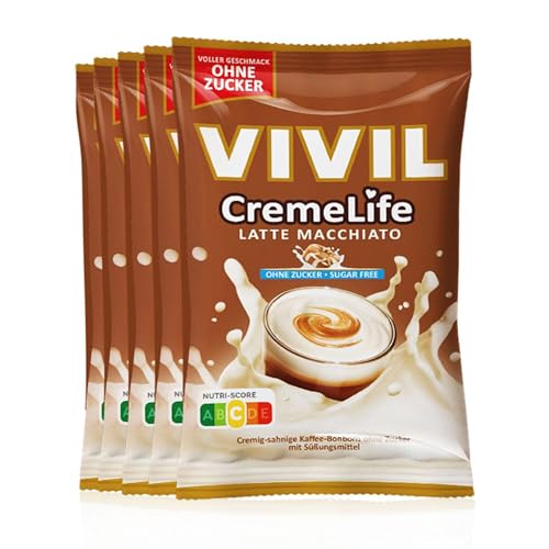 VIVIL Creme Life Latte Macchiato, 5 Beutel, kräftige Sahnebonbons mit Kaffeegeschmack, zuckerfrei & glutenfrei, 5 x 110g von Vivil