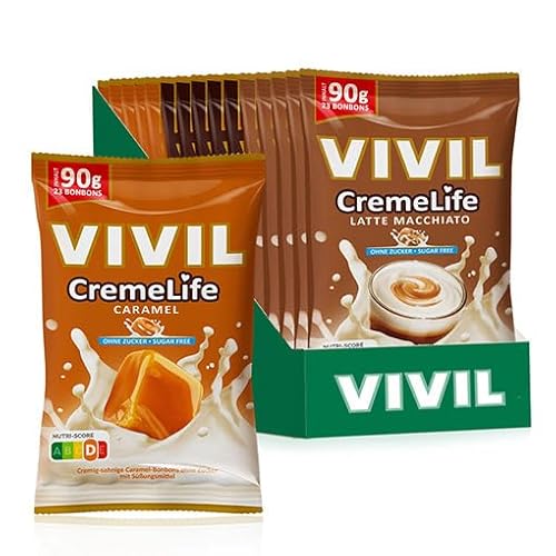 VIVIL Creme Life Mix Kaffee/Karamell, 15 Beutel, kräftige Sahnebonbons mit Kaffeegeschmack und Karamellgeschmack, zuckerfrei, 15 x 90g VIVIL Creme Life Mix Kaffee/Karamell, 15 Beutel, kräftige Sahnebonbons mit Kaffeegeschmack und Karamellgeschmack, zuckerfrei, 15 x 90g von Vivil