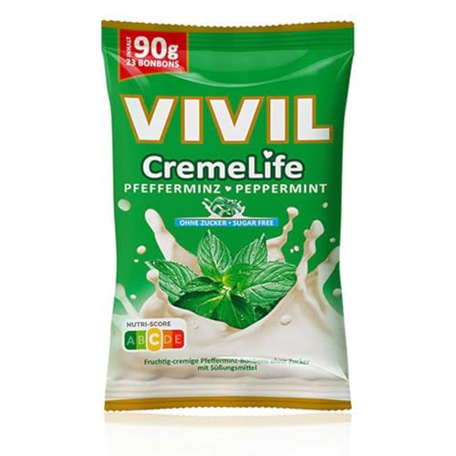 VIVIL Creme Life Pfefferminz, 1 Beutel, frische Sahnebonbons mit Pfefferminzgeschmack, zuckerfrei & glutenfrei, 1 x 90g von Vivil