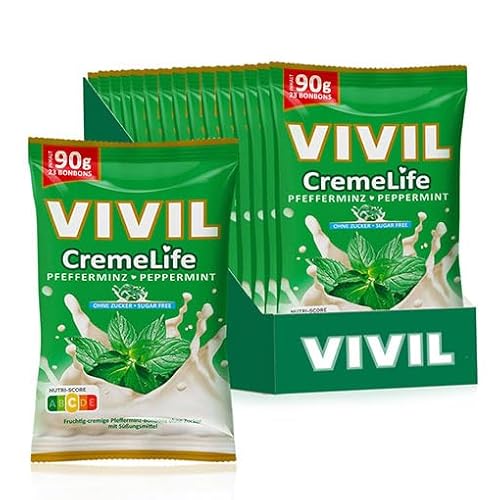 VIVIL Creme Life Pfefferminz, 15 Beutel, frische Sahnebonbons mit Pfeferminzgeschmack, zuckerfrei & glutenfrei, 15 x 90g von Vivil