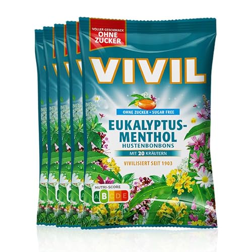 VIVIL Eukalyptus-Menthol mit 20 Kräuter, 5 Beutel, Hustenbonbons mit Eukalyptusgeschmack, zuckerfrei & vegan, 5 x 120g von Vivil