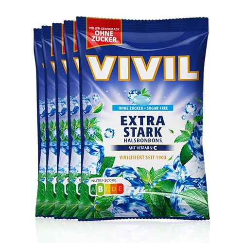 VIVIL Extra Stark mit Vitamin C, 5 Beutel, Halsbonbons mit Pfefferminzgeschmack, zuckerfrei & vegan, 5 x 120g von Vivil