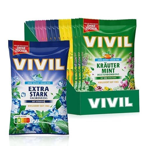 VIVIL Hals-und Hustenbonbons, 15 Beutel, Mix Kräuterbonbons mit Salbei, Eukalyptus-Menthol, Kräuter Mint, Zitronenmelisse und Extra Stark, zuckerfrei, vegan & glutenfrei, 15 x 120g VIVIL Hals-und Hustenbonbons, 15 Beutel, Mix Kräuterbonbons mit Salbei, Eukalyptus-Menthol, Kräuter Mint, Zitronenmelisse und Extra Stark, zuckerfrei, vegan & glutenfrei, 15 x 120g von Vivil