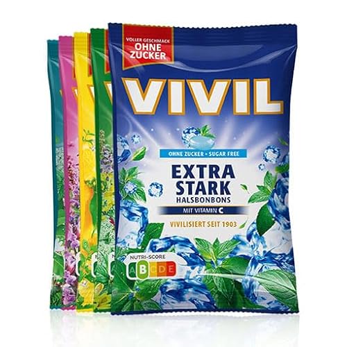 VIVIL Hals-und Hustenbonbons, 5 Beutel, Mix Kräuterbonbons mit Salbei, Eukalyptus-Menthol, Kräuter Mint, Zitronenmelisse und Extra Stark, zuckerfrei, vegan & glutenfrei, 5 x 120g VIVIL Hals-und Hustenbonbons, 5 Beutel, Mix Kräuterbonbons mit Salbei, Eukalyptus-Menthol, Kräuter Mint, Zitronenmelisse und Extra Stark, zuckerfrei, vegan & glutenfrei, 5 x 120g von Vivil
