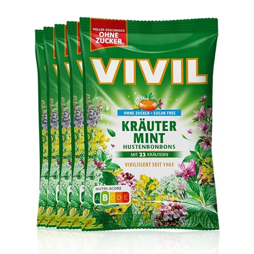VIVIL Kräuter-Mint mit 23 Kräuter, 5 Beutel, Hustenbonbons mit Kräutergeschmack, zuckerfrei & vegan, 5 x 120g von Vivil