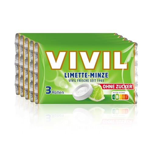 VIVIL Rollen Limette-Minze, 5 x 3er Pack, fruchtige Pastillen mit Limettengeschmack, zuckerfrei & vegan, 15 x 28g von Vivil