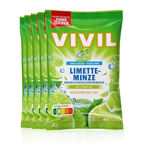 VIVIL Limette-Minze mit Vitamin C, 5 Beutel, Erfrischungsbonbons mit Limettegeschmack, zuckerfrei & vegan, 5 x 120g von Vivil