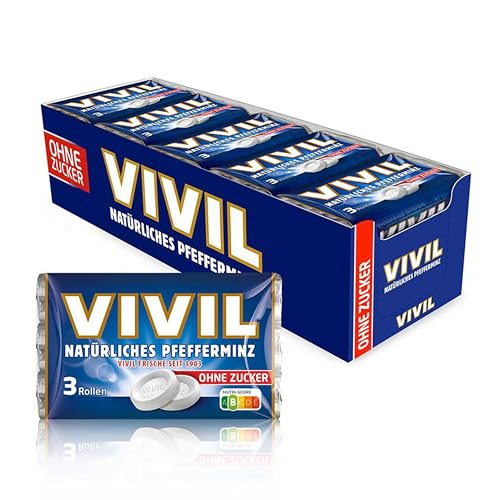 VIVIL Rollen Natürliches Pfefferminz ohne Zucker, 20 x 3er Packs, frische Pastillen mit Pfefferminzgeschmack, zuckerfrei & vegan, 60 x 28g von Vivil