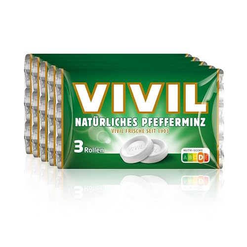 VIVIL Rollen Natürliches Pfefferminz, 5 x 3er Pack, frische Pastillen mit Pfefferminzgeschmack, zuckerfrei & vegan, 15 x 29g von Vivil