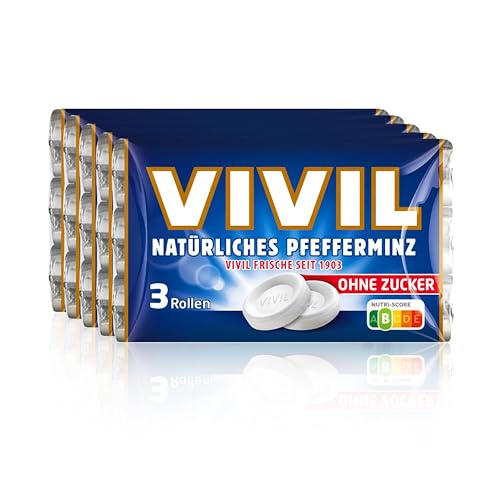 VIVIL Rollen Natürliches Pfefferminz ohne Zucker, 5 x 3er Pack, frische Pastillen mit Pfefferminzgeschmack, zuckerfrei & vegan, 15 x 28g von Vivil