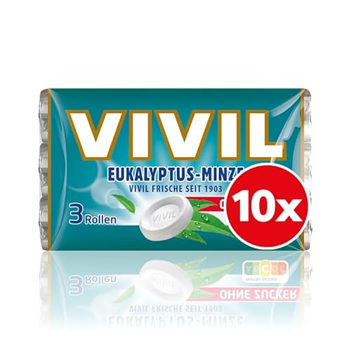 VIVIL Rollen Eukalyptus-Minze, 10 x 3er Pack, starke Pastillen mit Eukylaptusgeschmack, zuckerfrei & vegan, 30 x 28g VIVIL Rollen Eukalyptus-Minze, 10 x 3er Pack, starke Pastillen mit Eukylaptusgeschmack, zuckerfrei & vegan, 30 x 28g von Vivil