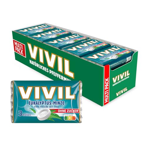 VIVIL Rollen Eukalyptus-Minze, 20 x 3er Pack, starke Pastillen mit Eukalyptusgeschmack, zuckerfrei & vegan, 60 x 28g VIVIL Rollen Eukalyptus-Minze, 20 x 3er Pack, starke Pastillen mit Eukalyptusgeschmack, zuckerfrei & vegan, 60 x 28g von Vivil