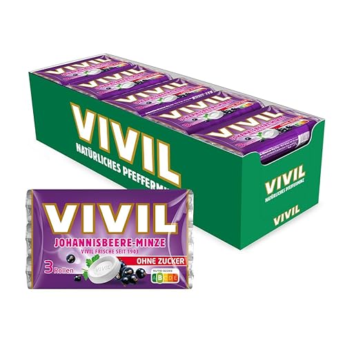 VIVIL Rollen Johannisbeere-Minze, 20 x 3er Pack, fruchtige Pastillen mit Johannisbeergeschmack, zuckerfrei & vegan, 60 x 28g von Vivil