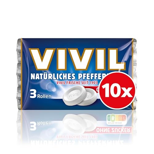 VIVIL Rollen Natürliches Pfefferminz ohne Zucker, 10 x 3er Pack, frische Pastillen mit Pfefferminzgeschmack, zuckerfrei & vegan, 30 x 28g VIVIL Rollen Natürliches Pfefferminz ohne Zucker, 10 x 3er Pack, frische Pastillen mit Pfefferminzgeschmack, zuckerfrei & vegan, 30 x 28g von Vivil