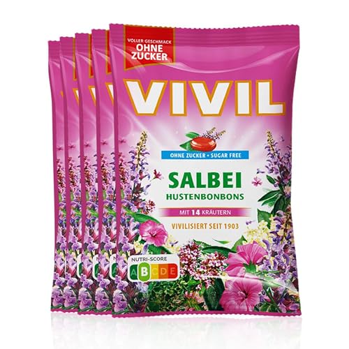 VIVIL Salbei mit 14 Kräuter, 5 Beutel, Hustenbonbons mit Salbeigeschmack, zuckerfrei & vegan, 5 x 120g von Vivil