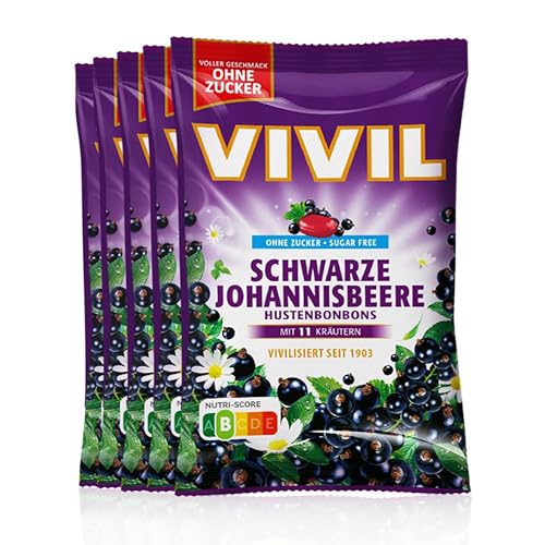 VIVIL Schwarze Johannisbeere mit 11 Kräuter, 5 Beutel, Hustenbonbons mit Johannisbeergeschmack, zuckerfrei & vegan, 5 x 120g von Vivil