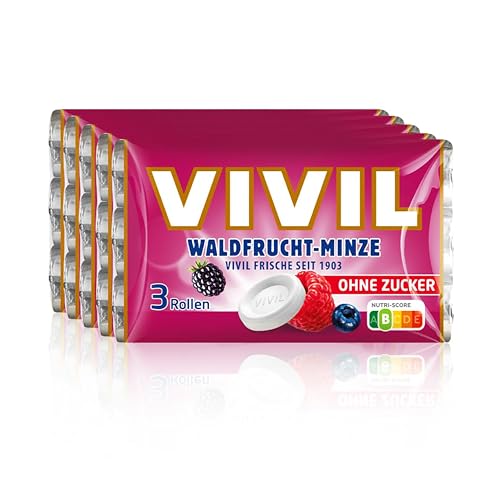 VIVIL Rollen Waldfrucht-Minze, 5 x 3er Pack, fruchtige Pastillen mit Waldfruchtgeschmack, zuckerfrei & vegan, 15 x 28g von Vivil