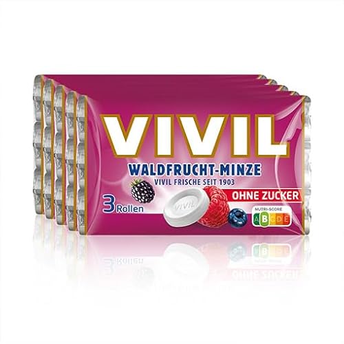 VIVIL Rollen Waldfrucht-Minze, 5 x 3er Pack, fruchtige Pastillen mit Waldfruchtgeschmack, zuckerfrei & vegan, 15 x 28g von Vivil