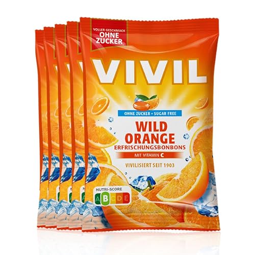 VIVIL Wild Orange mit Vitamin C, 5 Beutel, Erfrischungsbonbons mit Orangegeschmack, zuckerfrei & vegan, 5 x 120g von Vivil
