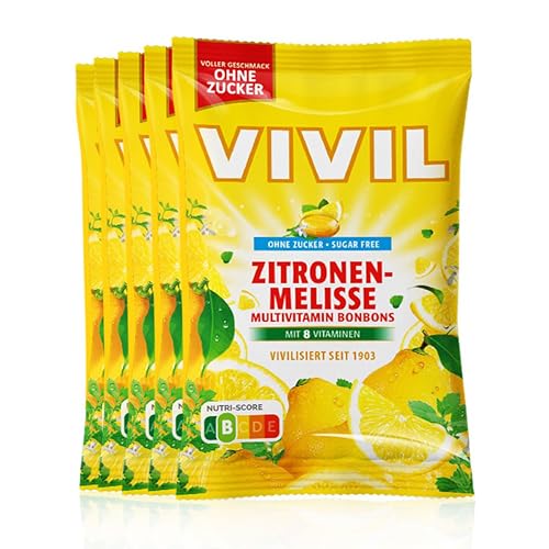 VIVIL Zitronenmelisse mit 8 Vitaminen, 5 Beutel, Multivitaminbonbons mit Zitronenmelissegeschmack, zuckerfrei & vegan, 5 x 120g von Vivil