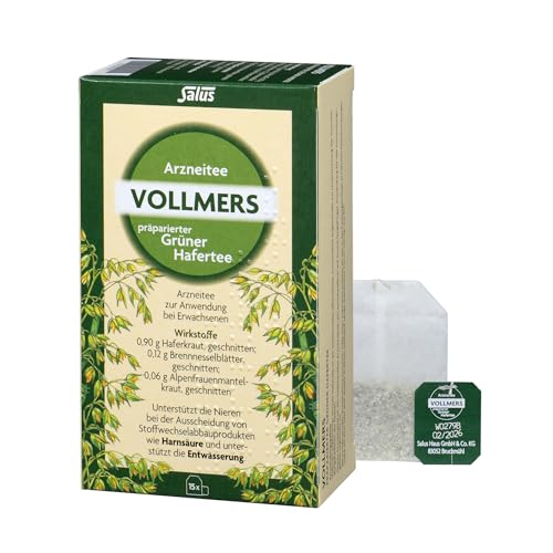 Vollmers präparierter Grüner Hafertee, 1 x 15 Filterbeutel (18 g), traditionelles pflanzliches Arzneimittel, unterstützt die Nieren bei der Ausscheidung von Stoffwechselabbauprodukten von Vollmer's