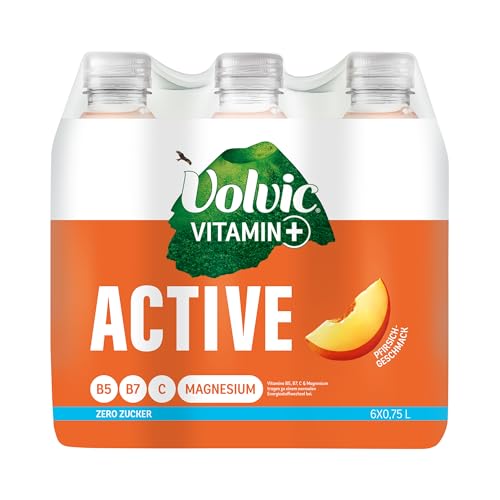 Volvic Vitamin+ Active Pfirsich – Erfrischungsgetränk mit Magnesium und Vitaminen – Ohne Zucker und ohne Kalorien – 6 x 0,75 l von Volvic